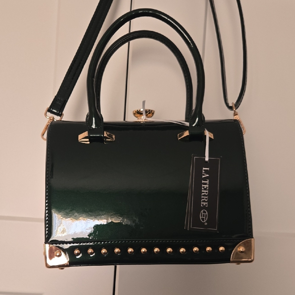 La Terre Dark Green Satchel with Gold Details